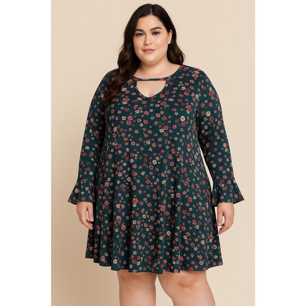 Eye Candy Plus Size 2X 3X Floral Swing Dress Teal Pink Boho Bell Sleeve Keyhole‎